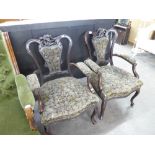 A MATCHING PAIR OF MAHOGANY DRAWING ROOM ARMCHAIRS WITH FLORAL PATTERN OVERSTUFFED SEATS AND BACKS