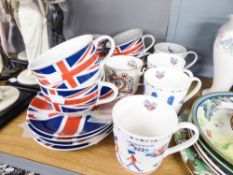 A QUANTITY OF UNION JACK DECORATED CHINA CUPS AND SAUCERS AND OTHER COMMEMORATIVE WARES