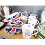 A QUANTITY OF UNION JACK DECORATED CHINA CUPS AND SAUCERS AND OTHER COMMEMORATIVE WARES