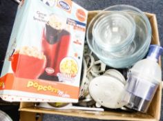TWO BOXES OF KITCHEN WARES TO INCLUDE; KITCHEN KNIVES, PANS, CUTLERY, BOXED POPCORN MAKERS (AS NEW),