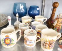 SEVEN ROYAL MEMORABILIA MUGS. TOGETHER WITH HAND BELLS, A BLUE GLASS BRANDY BALLOONS ETC...