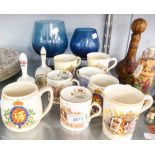 SEVEN ROYAL MEMORABILIA MUGS. TOGETHER WITH HAND BELLS, A BLUE GLASS BRANDY BALLOONS ETC...