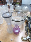 A CUT GLASS WAISTED CYLINDRICAL FLOWER VASE, WITH SILVER RIM, A CUT GLASS PERFUME ATOMIZER AND A