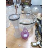 A CUT GLASS WAISTED CYLINDRICAL FLOWER VASE, WITH SILVER RIM, A CUT GLASS PERFUME ATOMIZER AND A