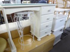 A WHITE PAINTED PINE SINGLE PEDESTAL DRESSING TABLE, WITH FOUR DRAWERS ON BUN FEET, A PAIR OF GREY