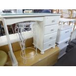 A WHITE PAINTED PINE SINGLE PEDESTAL DRESSING TABLE, WITH FOUR DRAWERS ON BUN FEET, A PAIR OF GREY