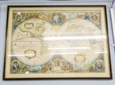 WORLD MAP, HAND COLOURED, FRAMED AND GLAZED AND 'THE COUNTY PALATINE OF LANCASTER' BY ROB MORDEN (2)
