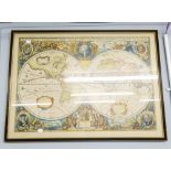 WORLD MAP, HAND COLOURED, FRAMED AND GLAZED AND 'THE COUNTY PALATINE OF LANCASTER' BY ROB MORDEN (2)