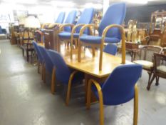 LARGE, LIGHT WOOD BOARDROOM TABLE, ON TWO PEDESTAL BASES AND A SET OF TWELVE MATCHING ARMCHAIRS,