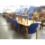 LARGE, LIGHT WOOD BOARDROOM TABLE, ON TWO PEDESTAL BASES AND A SET OF TWELVE MATCHING ARMCHAIRS,