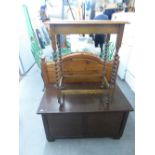 LARGE STAINED WOOD BEDDING BOX, OAK OCCASIONAL TABLE, ON SPIRAL COLUMN LEGS AND A PAIR OF DUCAL PINE