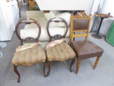 A PAIR OF BALLOON BACK DRAWING ROOM CHAIRS, WITH OVERSTUFFED SEATS AND AN OAK DINING ROOM CHAIR WITH