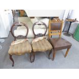 A PAIR OF BALLOON BACK DRAWING ROOM CHAIRS, WITH OVERSTUFFED SEATS AND AN OAK DINING ROOM CHAIR WITH