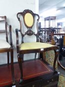 A SINGLE LATE VICTORIAN/EDWARDIAN MAHOGANY DRAWING ROOM OPEN ARMCHAIR