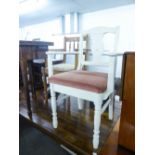 TWO OPEN ARMCHAIRS, TWO OBLONG WHITE PAINTED COFFEE TABLES AND A METAL FRAMED TABLE