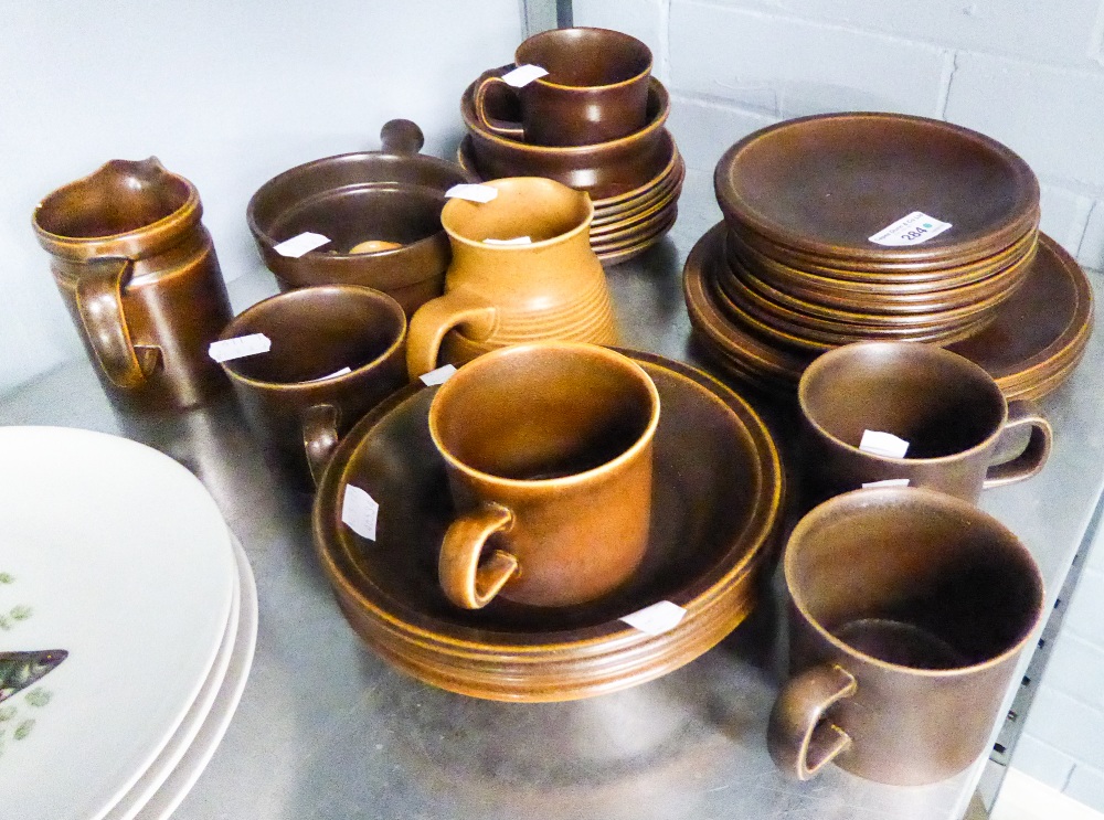 A WEDGWOOD DARK BROWN POTTERY PART TEA AND DINNER WARES AND OTHER SIMILAR ITEMS (35 ITEMS)