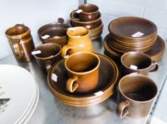 A WEDGWOOD DARK BROWN POTTERY PART TEA AND DINNER WARES AND OTHER SIMILAR ITEMS (35 ITEMS)