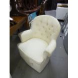 PAIR OF SMALL BOUDOIR TUB SHAPED EASY ARMCHAIRS, ALL-UPHOLSTERED AND COVERED IN CREAM CLOTH