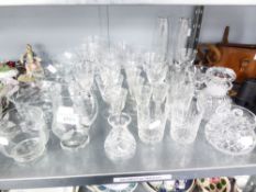 A GROUP OF MISC CUT GLASS WARES TO INCLUDE; PORT GLASSES, VASES, SHERRY GLASSES, WHISKEY TUMBLERS