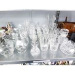 A GROUP OF MISC CUT GLASS WARES TO INCLUDE; PORT GLASSES, VASES, SHERRY GLASSES, WHISKEY TUMBLERS