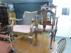 TWO OPEN ARM BEDROOM CHAIRS, ONE HAVING WICKER WORK TO THE BACK, THE OTHER HAVING WICKER SEAT (2)