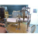 TWO OPEN ARM BEDROOM CHAIRS, ONE HAVING WICKER WORK TO THE BACK, THE OTHER HAVING WICKER SEAT (2)