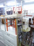 A DRESSING STOOL, A RED PAINTED BEDROOM SINGLE CHAIR AND A FRAMED BEVELLED EDGE ROBING MIRROR (3)