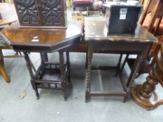 AN OCTAGONAL TOP CENTRE TABLE WITH GALLERY UNDERTIER AND A SQUARE OAK OCCASIONAL TABLE, RAISED ON