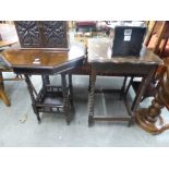 AN OCTAGONAL TOP CENTRE TABLE WITH GALLERY UNDERTIER AND A SQUARE OAK OCCASIONAL TABLE, RAISED ON