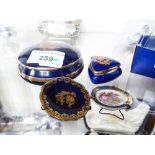 LIMOGES 'LA REINE' ROUND BOX AND COVER; A SMALL TRIANGULAR BOX AND COVER; A MINIATURE PLATE ON STAND