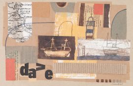 DAVID JAUNDRELL MIXED MEDIA ON THIN CARD Abstract coastal scene Signed lower left 3 1/2" x 10" (8.