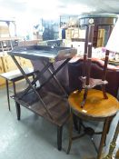 A REPRODUCTION MAHOGANY BRASS CORNERED BUTLERS TRAY ON FOLDING STAND, ALSO A HARDWOOD COFFEE TABLE