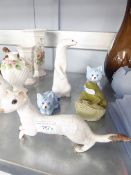 A RUSSIAN POTTERY MODEL OF A STOAT, A STUDIO POTTERY STOAT, A POTTERY FROG AND TWO RESIN CATS