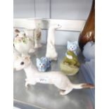 A RUSSIAN POTTERY MODEL OF A STOAT, A STUDIO POTTERY STOAT, A POTTERY FROG AND TWO RESIN CATS