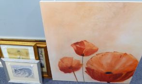 A BLOCKBOARD LARGE PRINT 'THREE POPPIES' AND FIVE MODERN FRAMED COLOUR PRINTS (6)