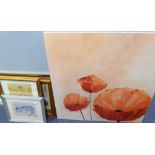 A BLOCKBOARD LARGE PRINT 'THREE POPPIES' AND FIVE MODERN FRAMED COLOUR PRINTS (6)