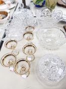 A CUT GLASS ITEMS TO INCLUDE; A CAKE STAND AND COVER, A JUG, A CHEESE STAND AND SIX DRINKING GLASSES