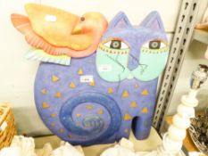 A LARGE PAINTED FIBRE GLASS ORNAMENT OF A STYLIZED CAT, WITH A BIRD SLEEPING ON ITS BACK, 20"