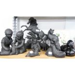 A BLACK PAINTED SPELTER REARING HORSE ORNAMENT, SEVEN MODERN BLACK COMMEMORATIVE FIGURES, ANIMAL