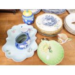 WALL PLATES TO INCLUDE; THREE MINTON EXAMPLES, A LARGE ONE WITH BLUE GROUND, A CARLTON WARE