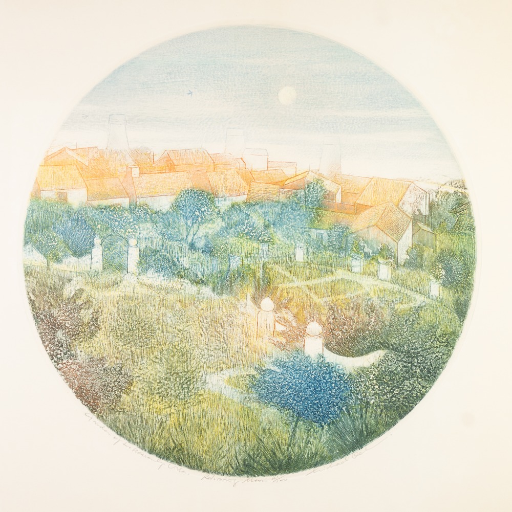 MICHAEL ***** ETCHINGS PRINTED IN COLOUR, A SET OF FIVE Circular imaginary landscapes inscribed in - Image 4 of 5