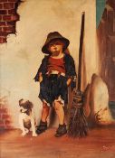 B.HALL (TWENTIETH CENTURY) OIL PAINTING ON BOARD Young boy leaning against a wall with dog and broom