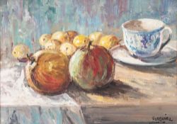 EZEQUIEL OIL PAINTING ON CANVAS Still life of fruit and cup and saucer Signed lower right 9 1/2" x