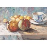 EZEQUIEL OIL PAINTING ON CANVAS Still life of fruit and cup and saucer Signed lower right 9 1/2" x