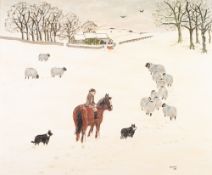 WINNIE (Amateur artist) OIL PAINTING ON CANVAS BOARD Winter landscape with sheep and figure on