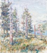 ROBERT BINDLOSS (b. 1939) TWO WATERCOLOUR DRAWINGS Landscape with two totem poles 19" x 16" (48.