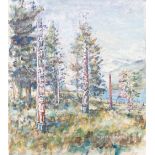 ROBERT BINDLOSS (b. 1939) TWO WATERCOLOUR DRAWINGS Landscape with two totem poles 19" x 16" (48.