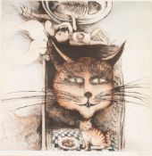 PETER FORD (Contemporary) DRYPOINT ETCHING AND WATERCOLOUR 'A Cat's Dream of Love and Power'