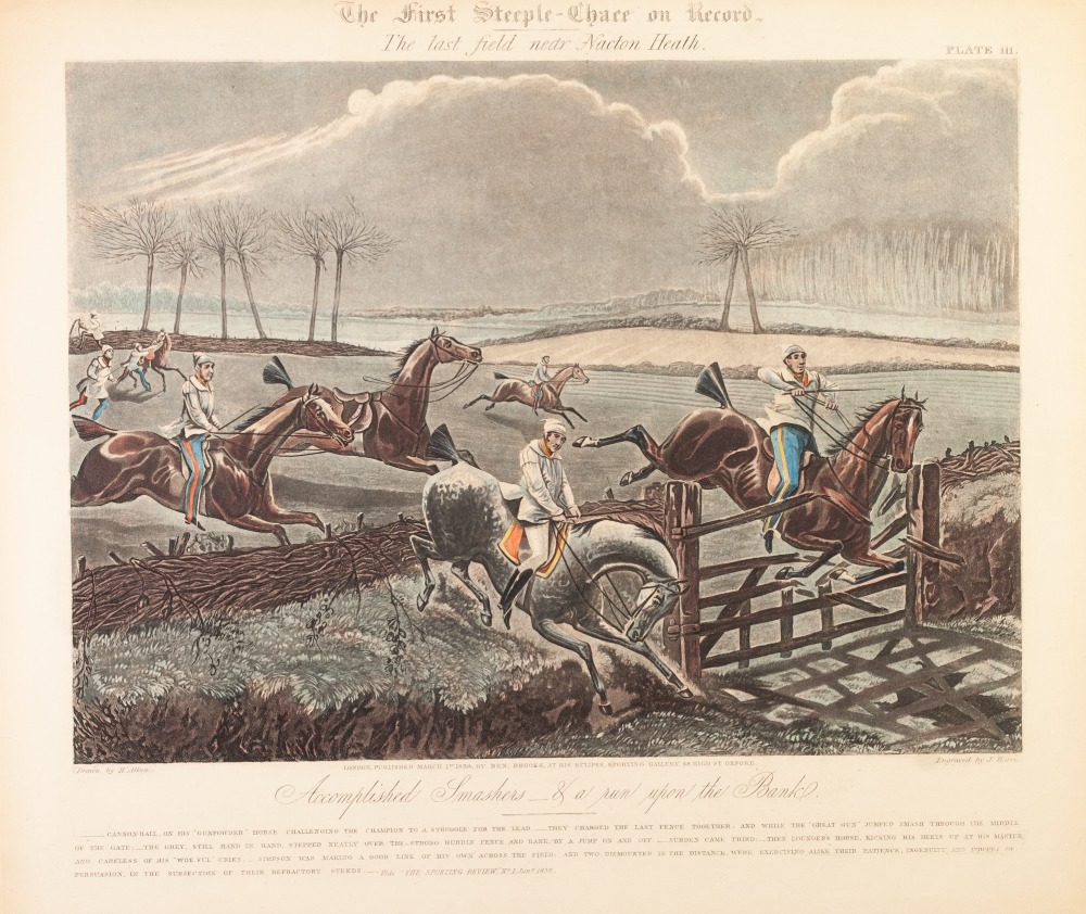 J. HARRIS AFTER H. ALKEN HAND COLOURED AQUATINTS, SET OF FOUR 'The First Steeple Chase on Record' - Image 3 of 4