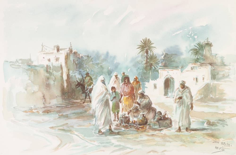 SIDI HBIBI (CONTEMPORARY) THREE WATERCOLOURS Arabian scenes Each signed and inscribed 'Hafid'